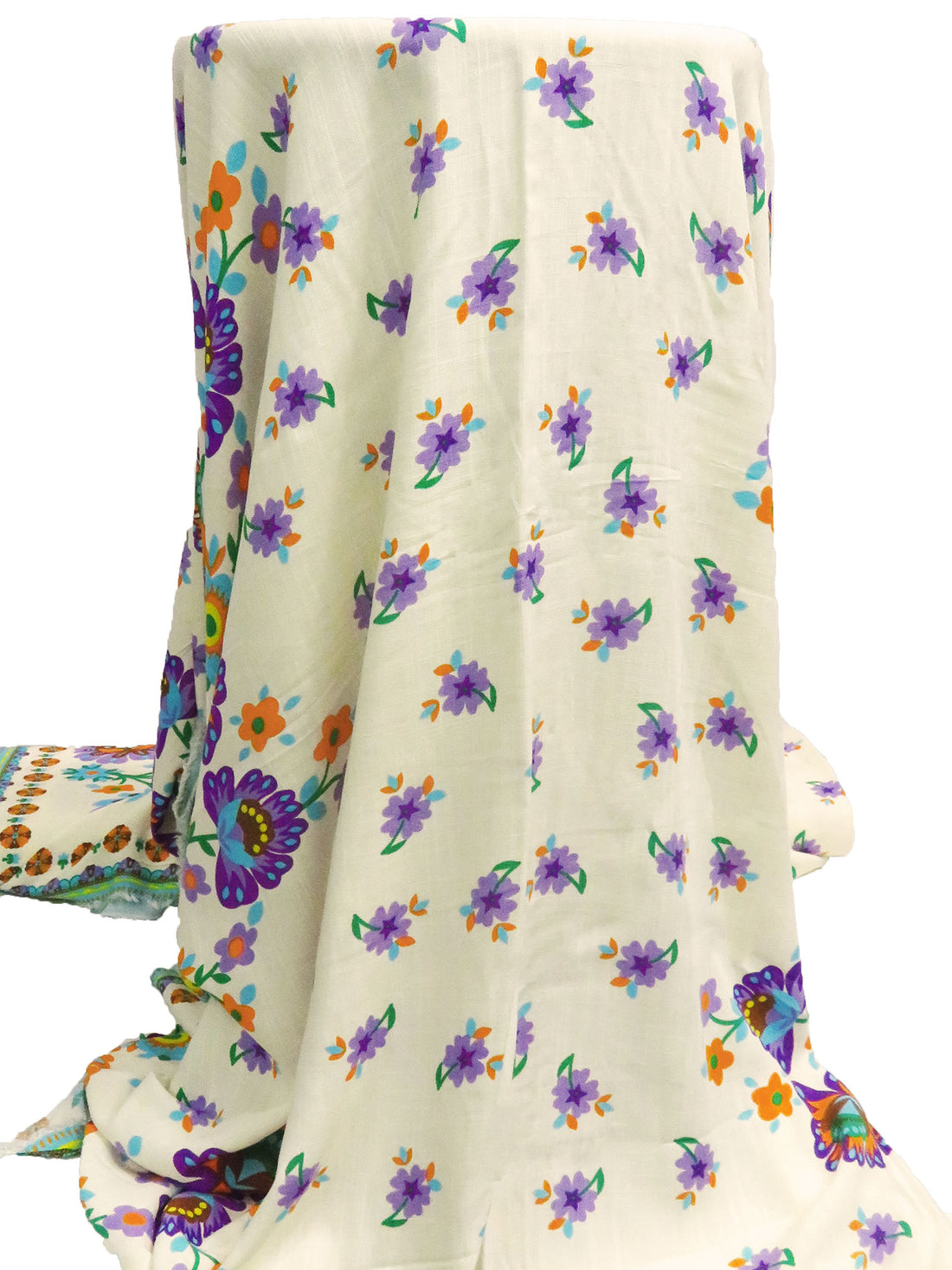 Beige/Sky Blue/Carrot/Multi Linen/Rayon Double Border Floral Print Shirt Weight Woven - LA Designer - 56W