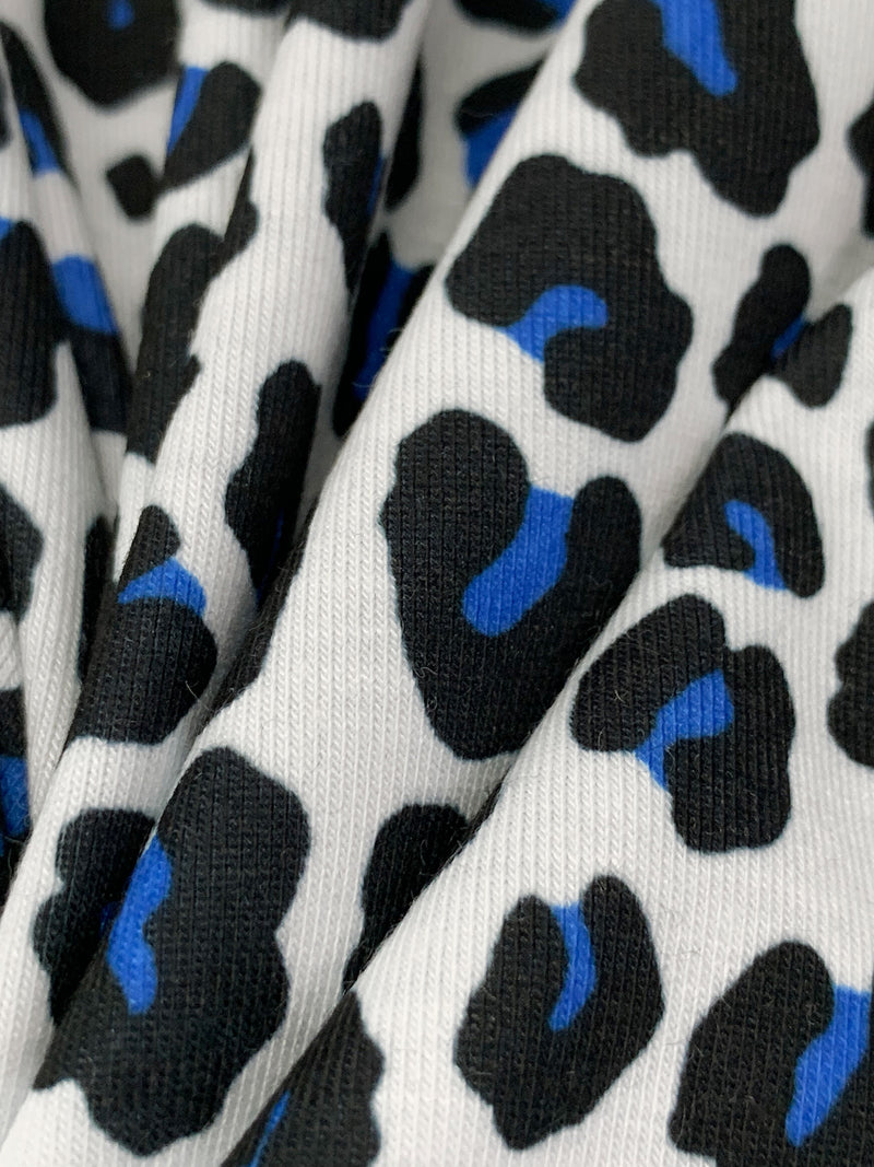 White/True Blue/Black Polyester/Lycra Animal Print Jersey Knit 60W