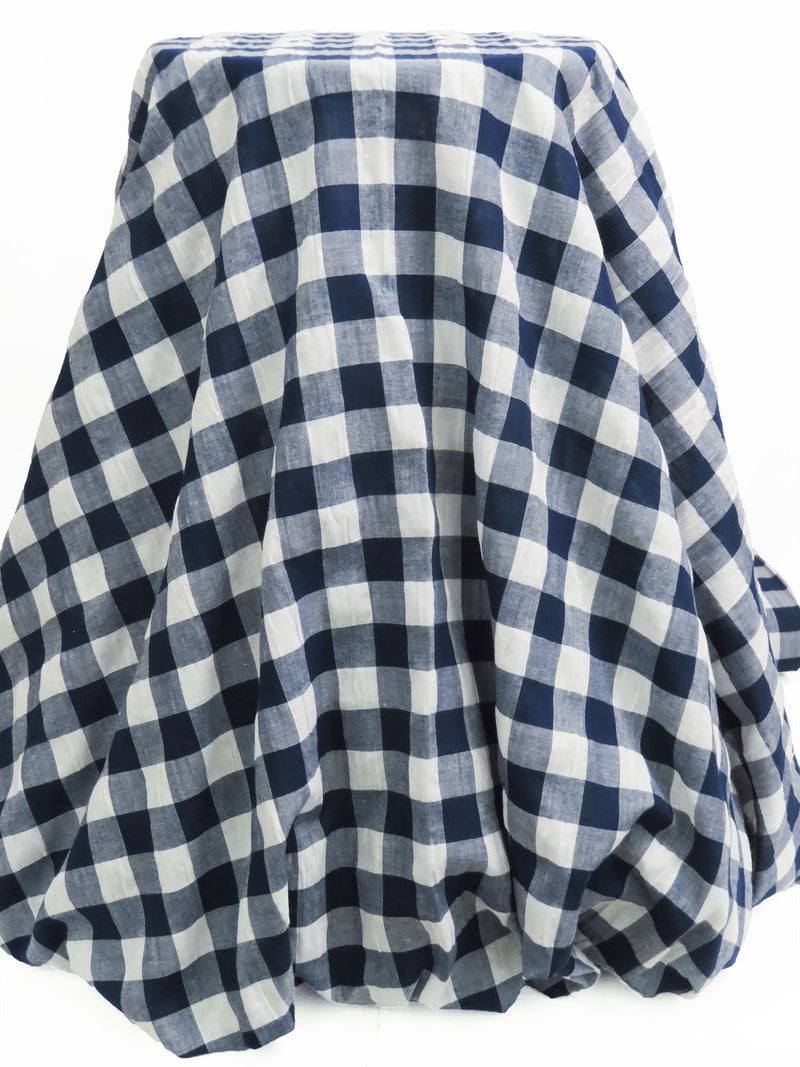 Ghost White/Lapis Blue 100% Cotton Check Plaid Washed Voile 58W