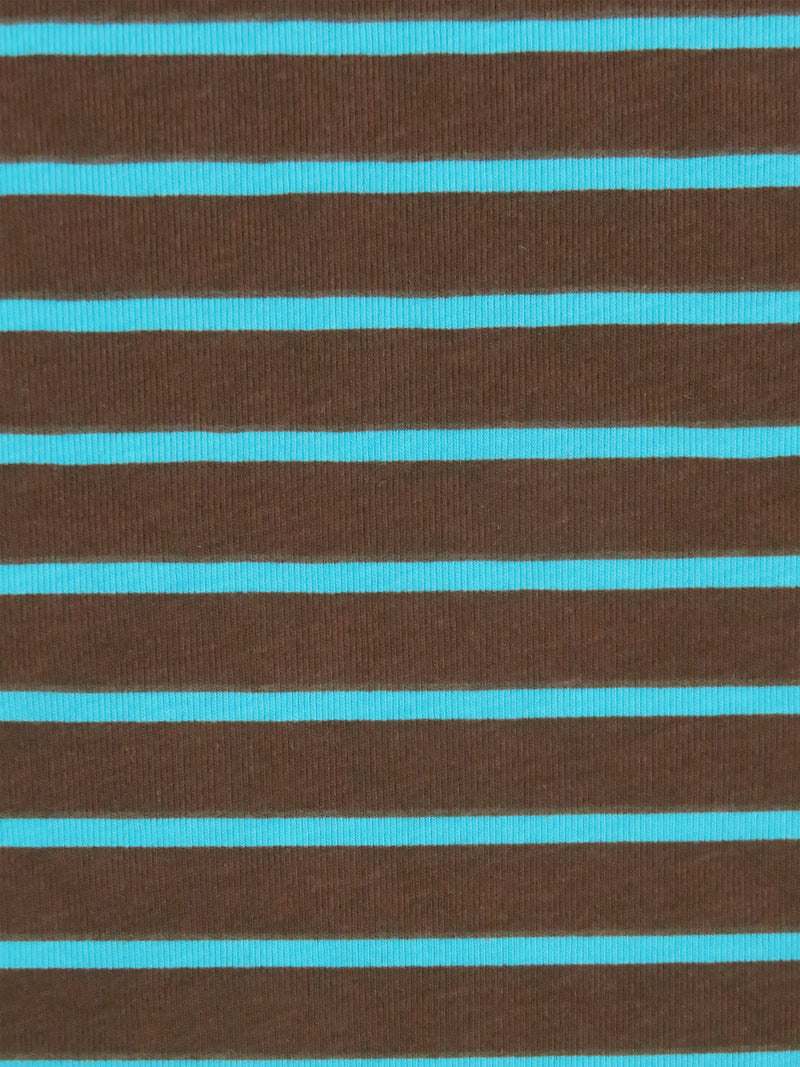 Chocolate Brown/Pacific Blue 100% Cotton Horizontal Stripe Print Jersey Knit 70W