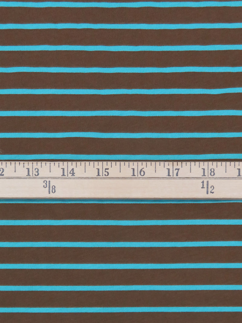 Chocolate Brown/Pacific Blue 100% Cotton Horizontal Stripe Print Jersey Knit 70W