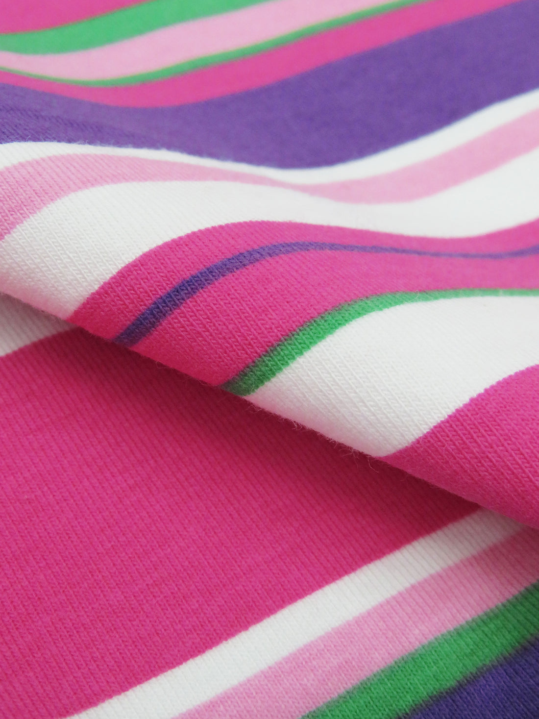 Dark Fruit Punch Pink/Amethyst/Lizard Green/Cherry Pink Cotton/Lycra Horizontal Stripe Print Jersey Knit 58W