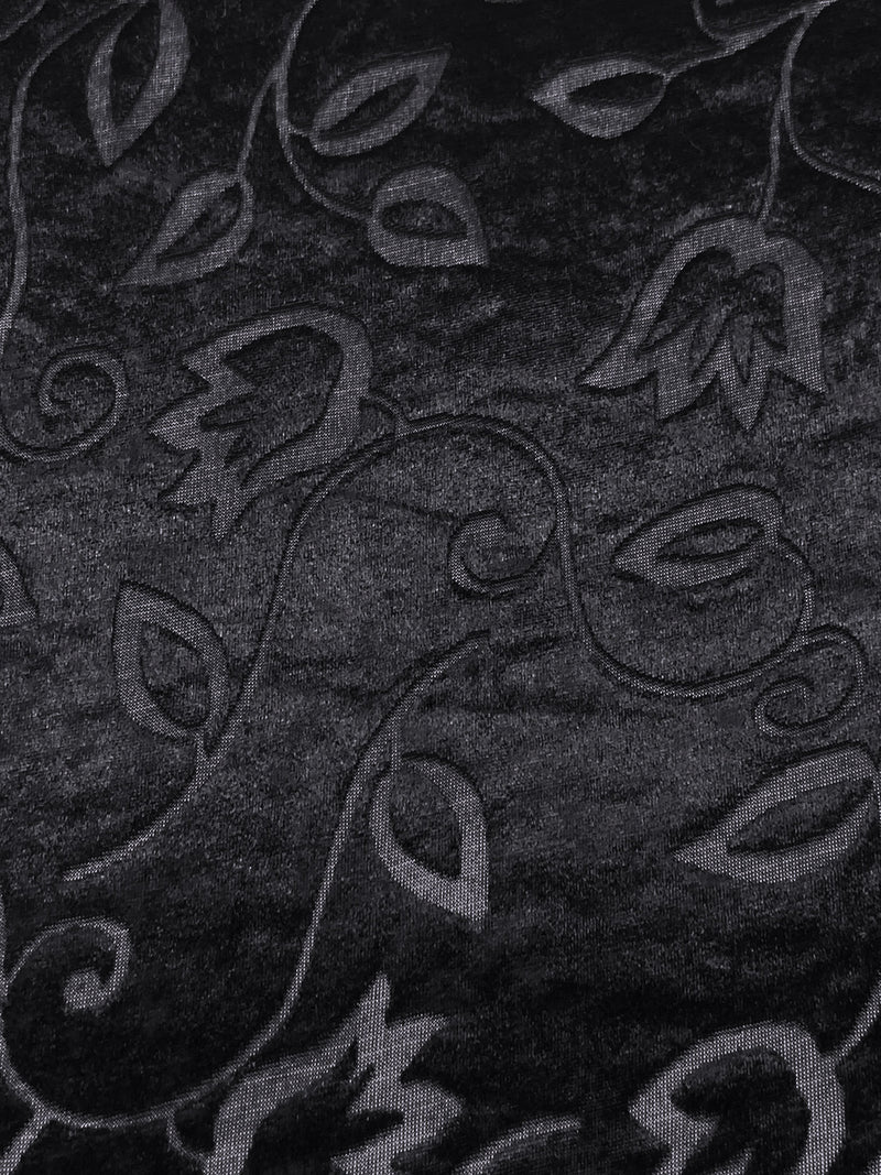 Text Tile Material Cool Black Polyester/Lycra Floral Vines Burnout Velvet Knit 60W ...