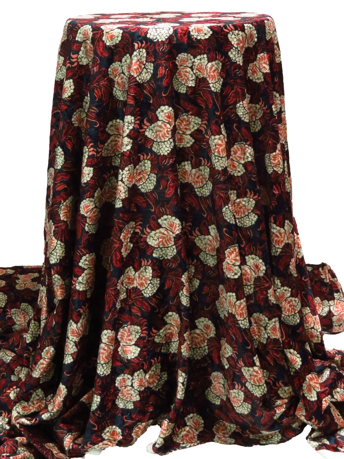 Black/Off White/Orange/Multi Polyester/Lycra Leaf Stretch Velvet Knit - Imported From Italy - 54W