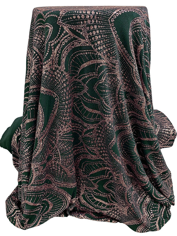 Deep Green/Rose Gold Acetate/Lycra Large Ornate Glitter Design Slinky Knit - NY Designer - 54W