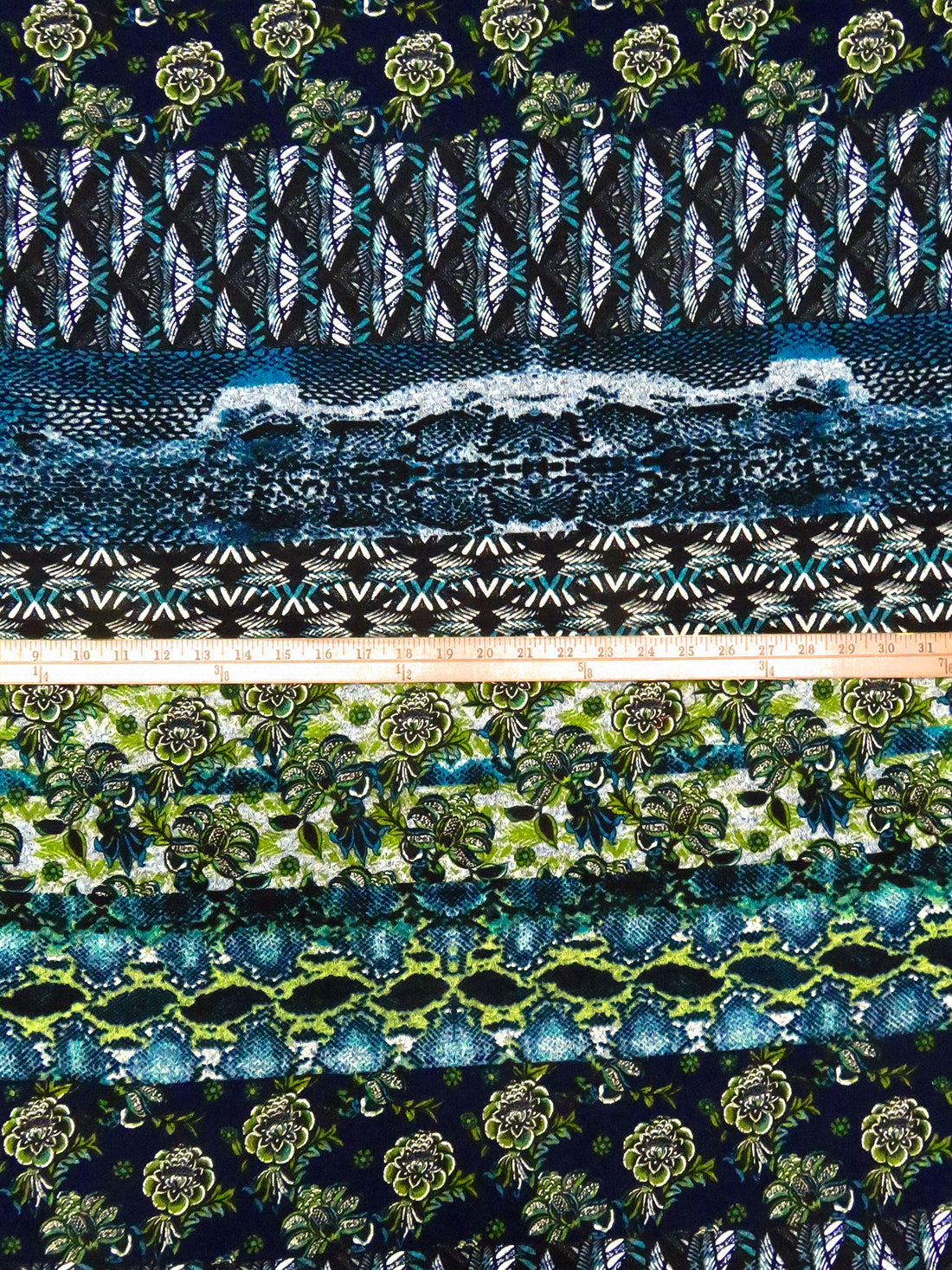 Black/Teal/White/Multi Polyester/Lycra Abstract Print Hacci Sweater Knit 59W