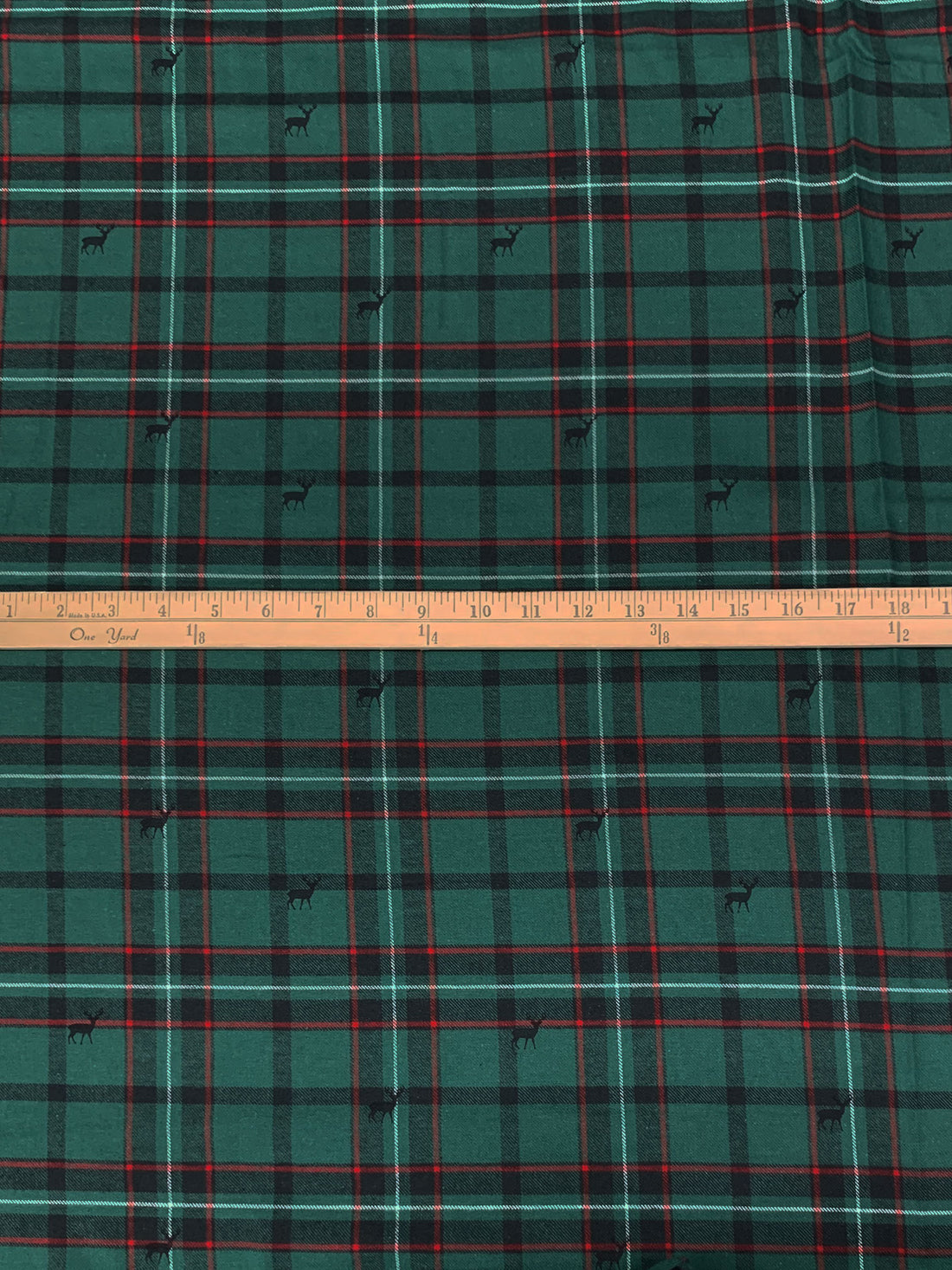 Pine Green/Deep Red/White 100% Cotton Deer Print Over Plaid Weave Yarn-Dyed Flannel Shirting 56W