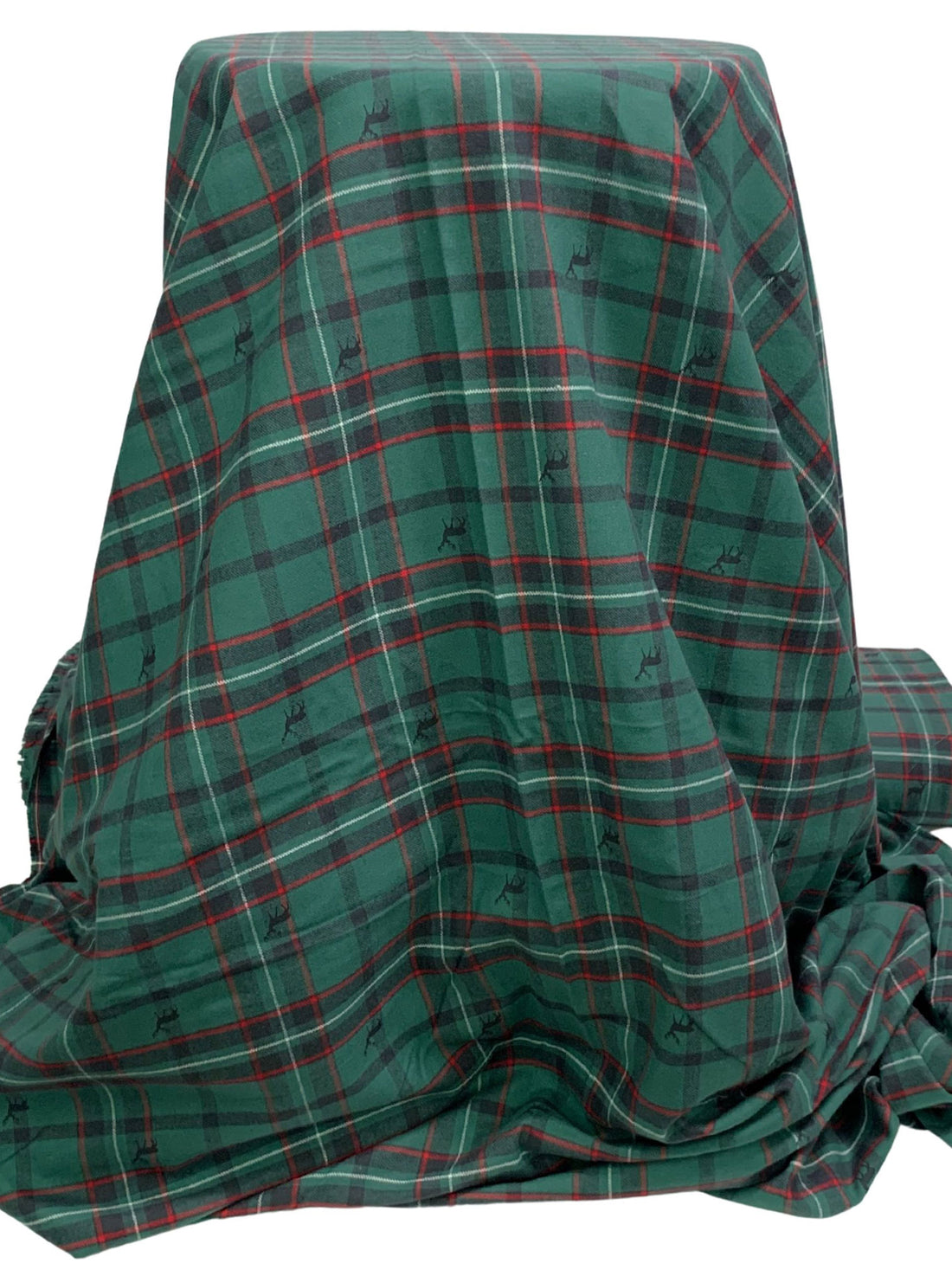 Pine Green/Deep Red/White 100% Cotton Deer Print Over Plaid Weave Yarn-Dyed Flannel Shirting 56W