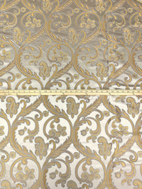 Goldenrod/Silver/Tan 100% Acetate Damask Floral Scrolls Satin Brocade 58W