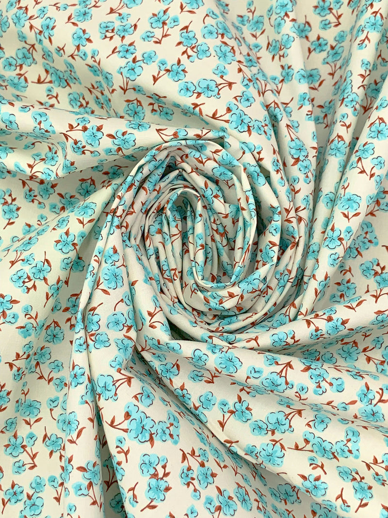 Cream/Powder Blue/Redwood Cotton/Lycra Ditsy Floral Print Stretch Poplin Shirting 48W