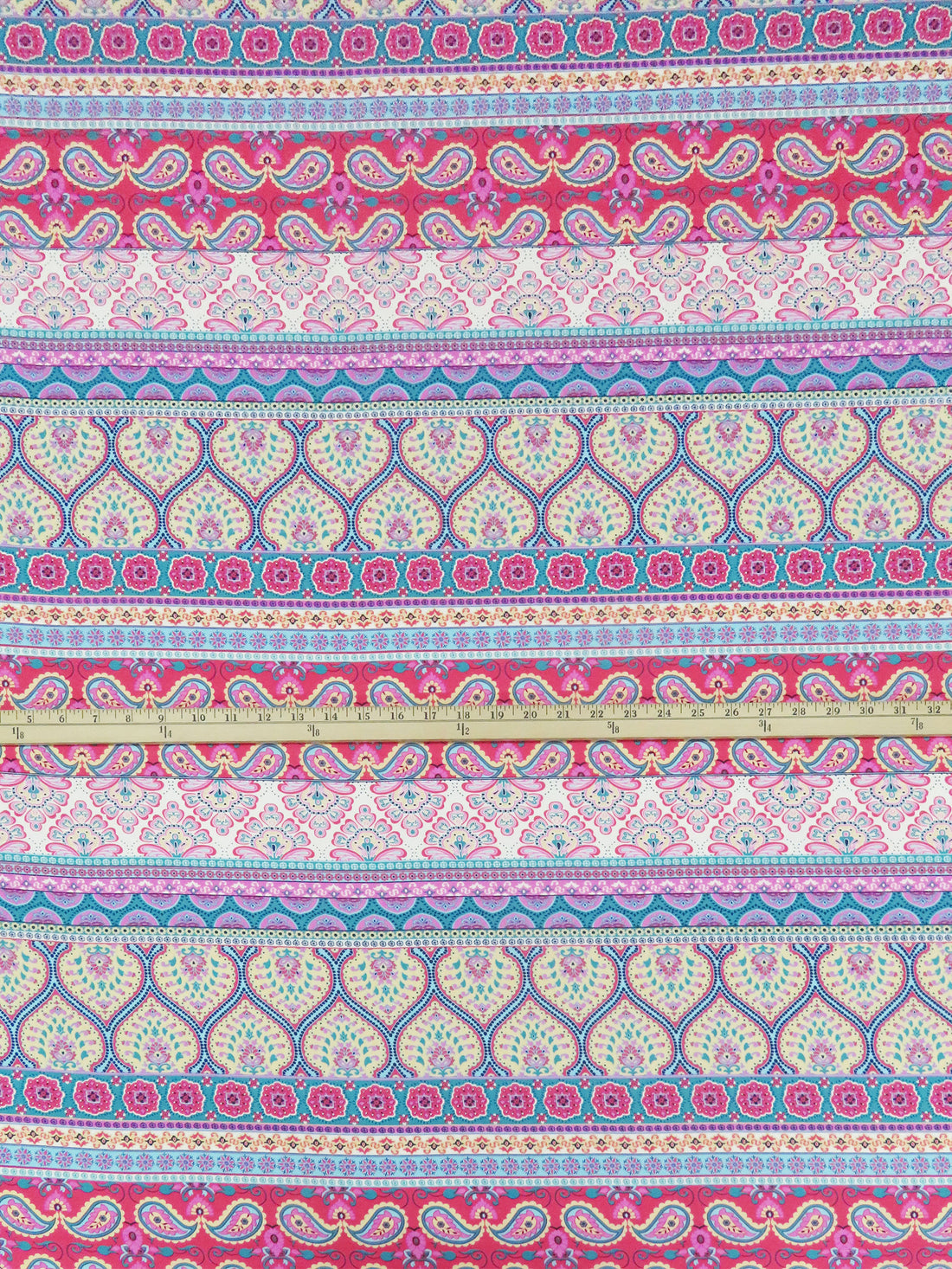 Turquoise/Pale Butter Yellow/Deep Strawberry Pink/Multi 100% Polyester Ornate Horizontal Multi Stripe Print Crepe de Chine 60W