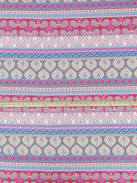 Turquoise/Pale Butter Yellow/Deep Strawberry Pink/Multi 100% Polyester Ornate Horizontal Multi Stripe Print Crepe de Chine 60W