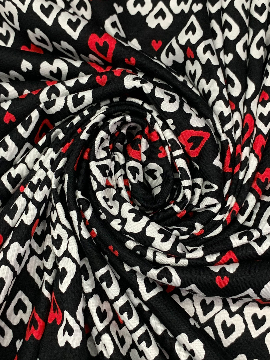 Black/White/Red Rayon/Lycra Hearts Print Jersey Knit 56W