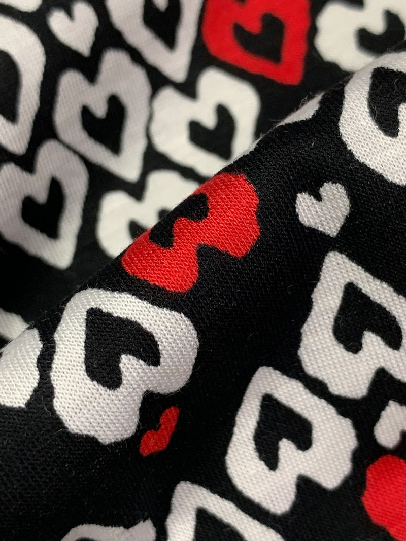 Black/White/Red Rayon/Lycra Hearts Print Jersey Knit 56W