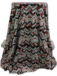 Black/White/Red Rayon/Lycra Hearts Print Jersey Knit 56W