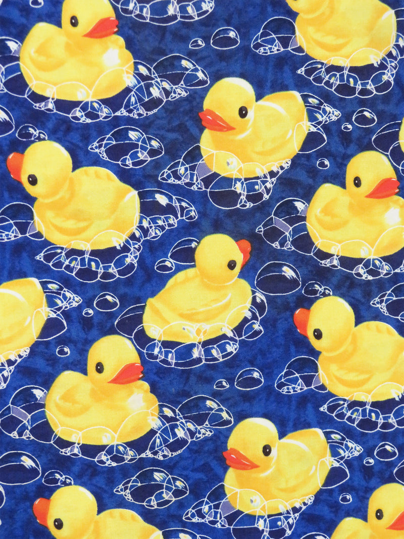 SOLD AS IS ONLY - Sunflower Yellow/Deep Sapphire/Pumpkin/Multi 100% Cotton Rubber Ducky Print Quilt Weight Woven 44W