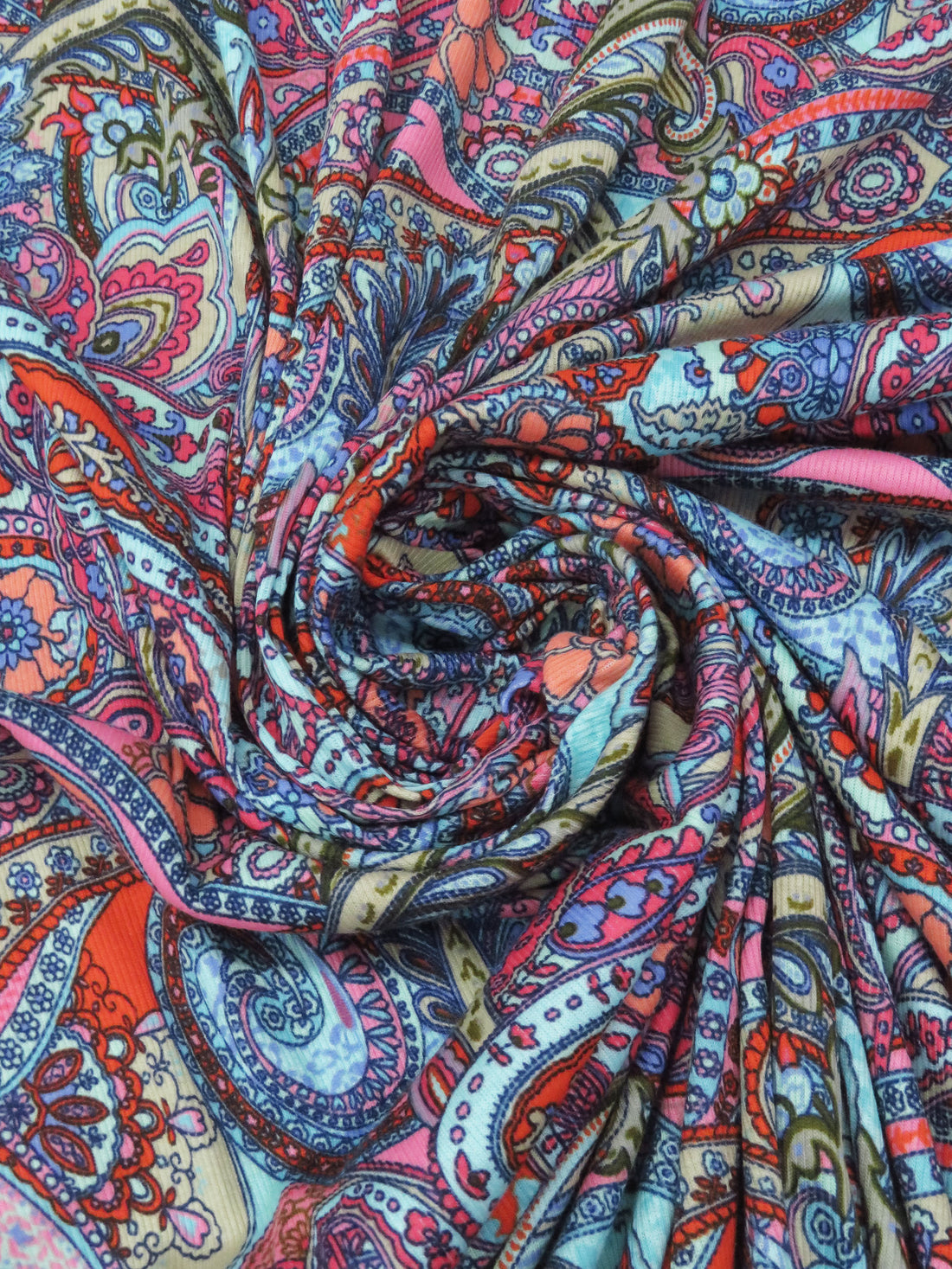 Sky Blue/International Orange/Paradise Pink/Multi 100% Rayon Ornate Paisley Print Rib Knit 48W