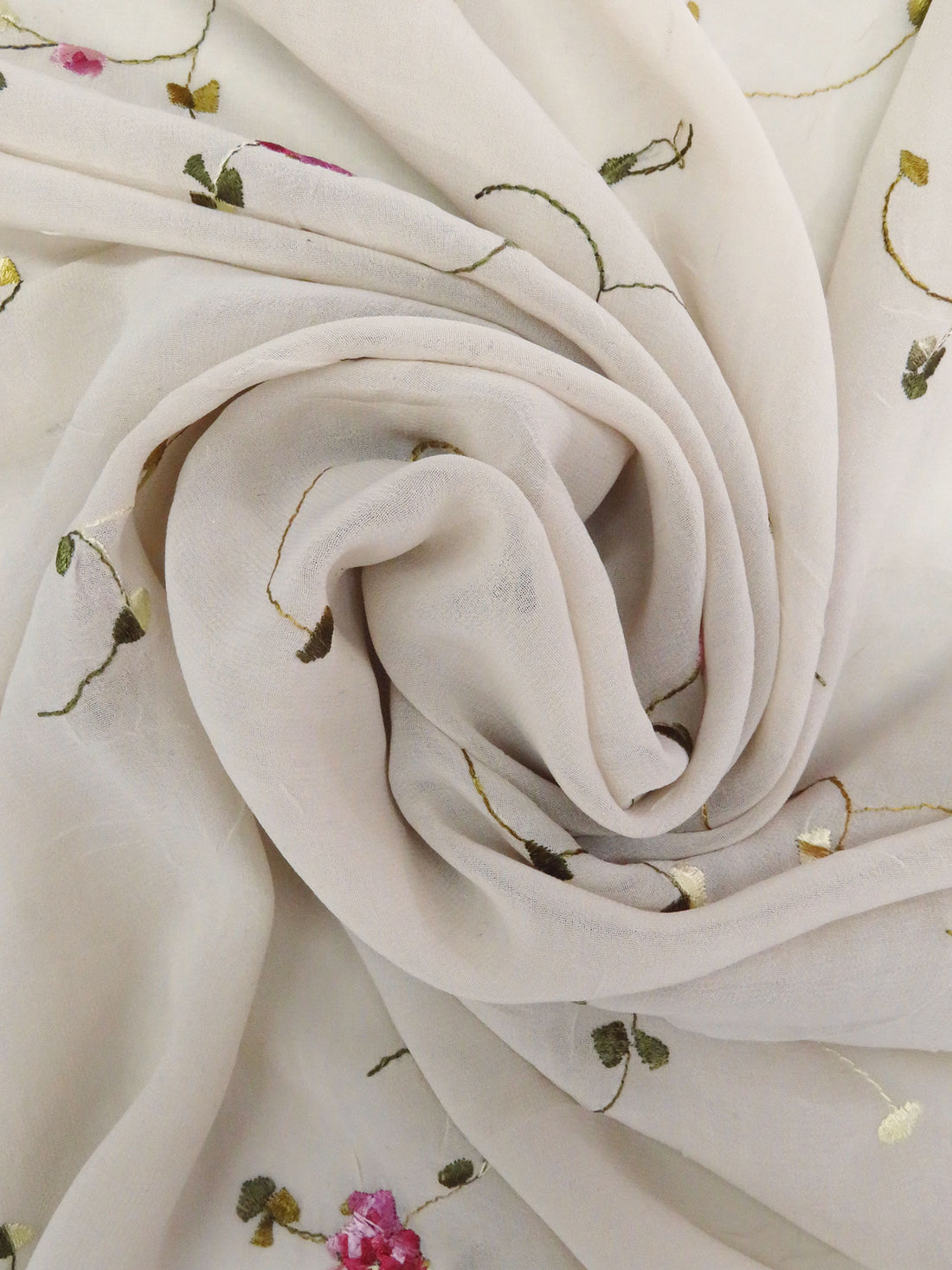 Off White/Magenta/Leaf Green 100% Polyester Floral Embroidered Georgette  54W
