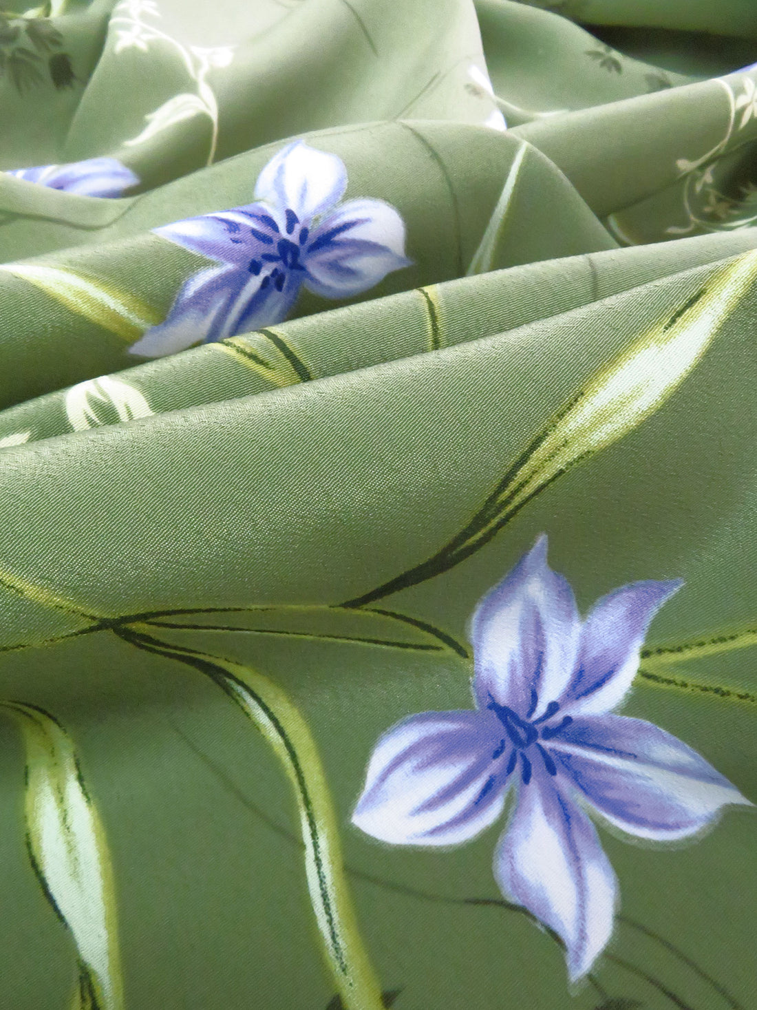 Dusty Moss Green/Forest Green/Light Blue 100% Polyester Floral Print Crepe de Chine 58W