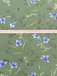 Dusty Moss Green/Forest Green/Light Blue 100% Polyester Floral Print Crepe de Chine 58W