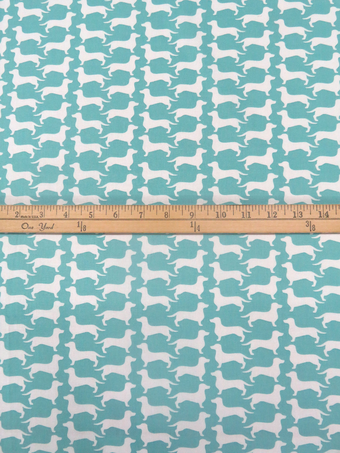 Light Verdigris/White 100% Cotton Dachshund Silhouette Print Quilt Weight Woven 44W