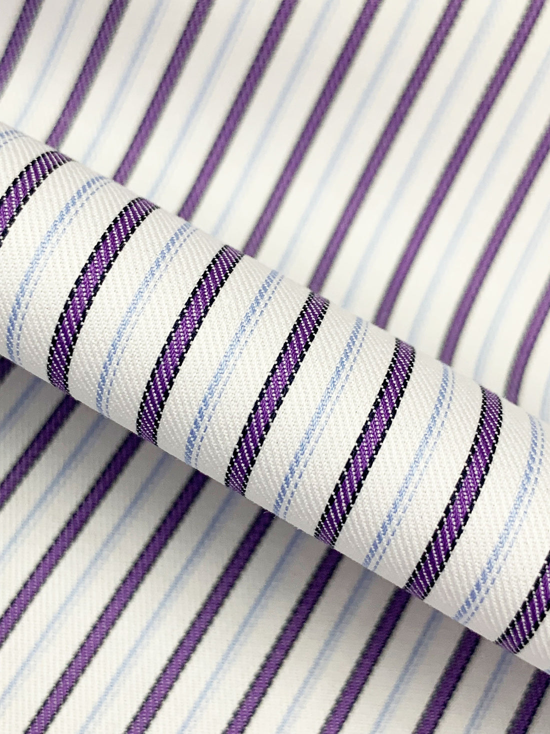 White/French Lilac/Baby Blue 100% Cotton Vertical Stripe Weave Shirting 50W