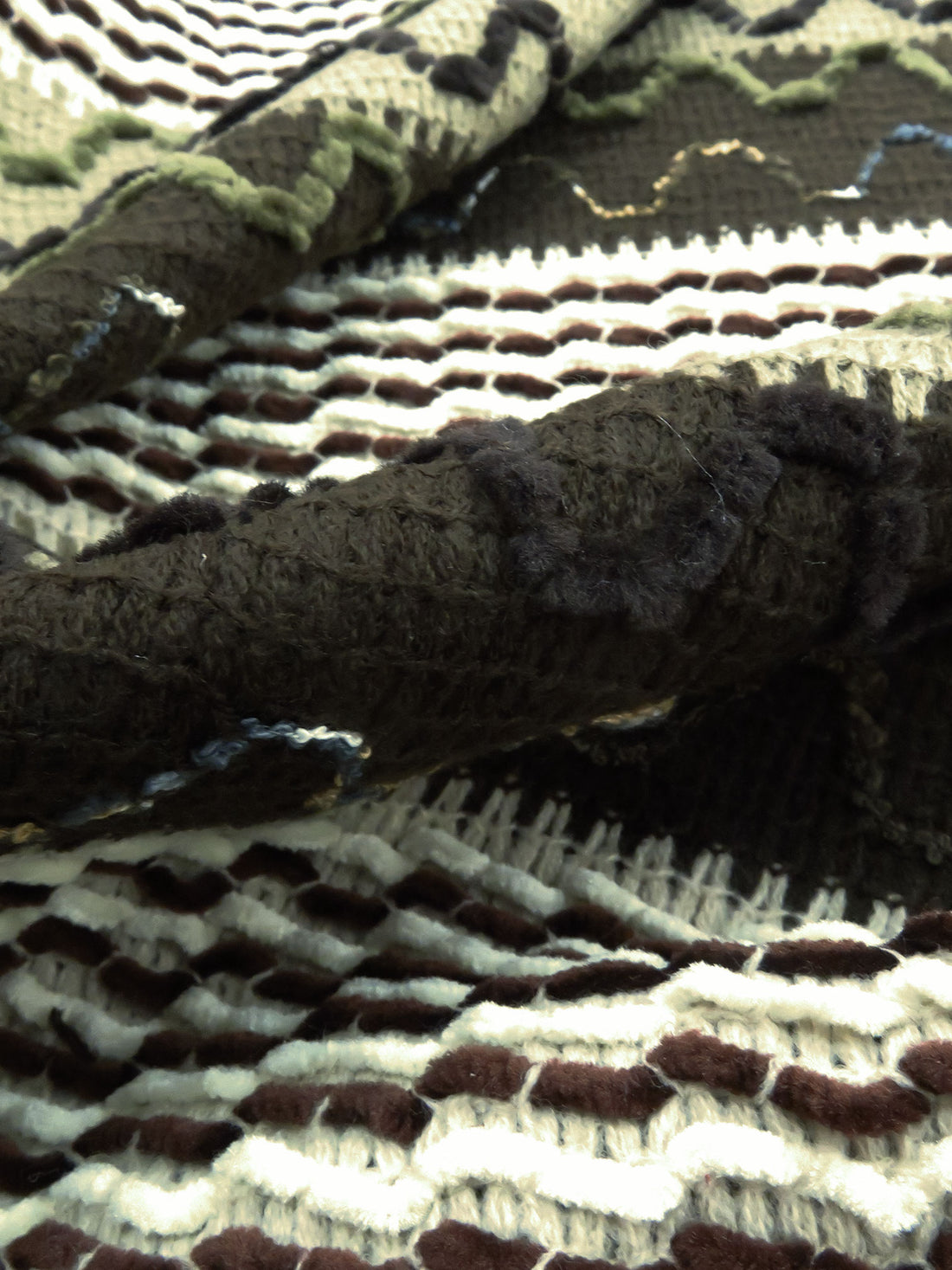 Forest Green/Dark Brown/White 100% Polyester Abstract Chenille Sweater-Like Woven 46W