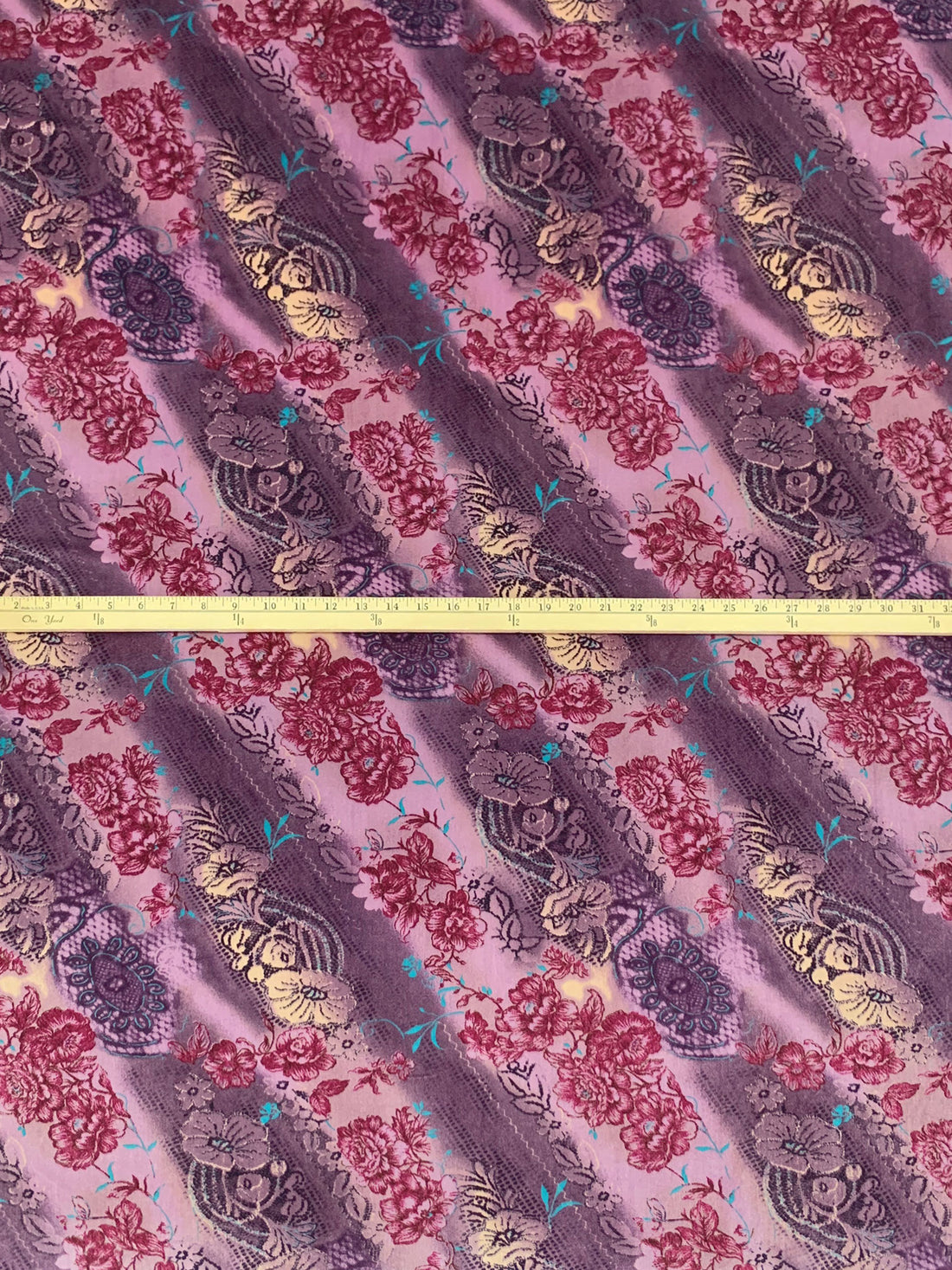 Dark Byzantium/Rosy Pink/Claret/Multi Polyester/Lycra Diagonal Floral Design Stretch Velvet Knit 58W