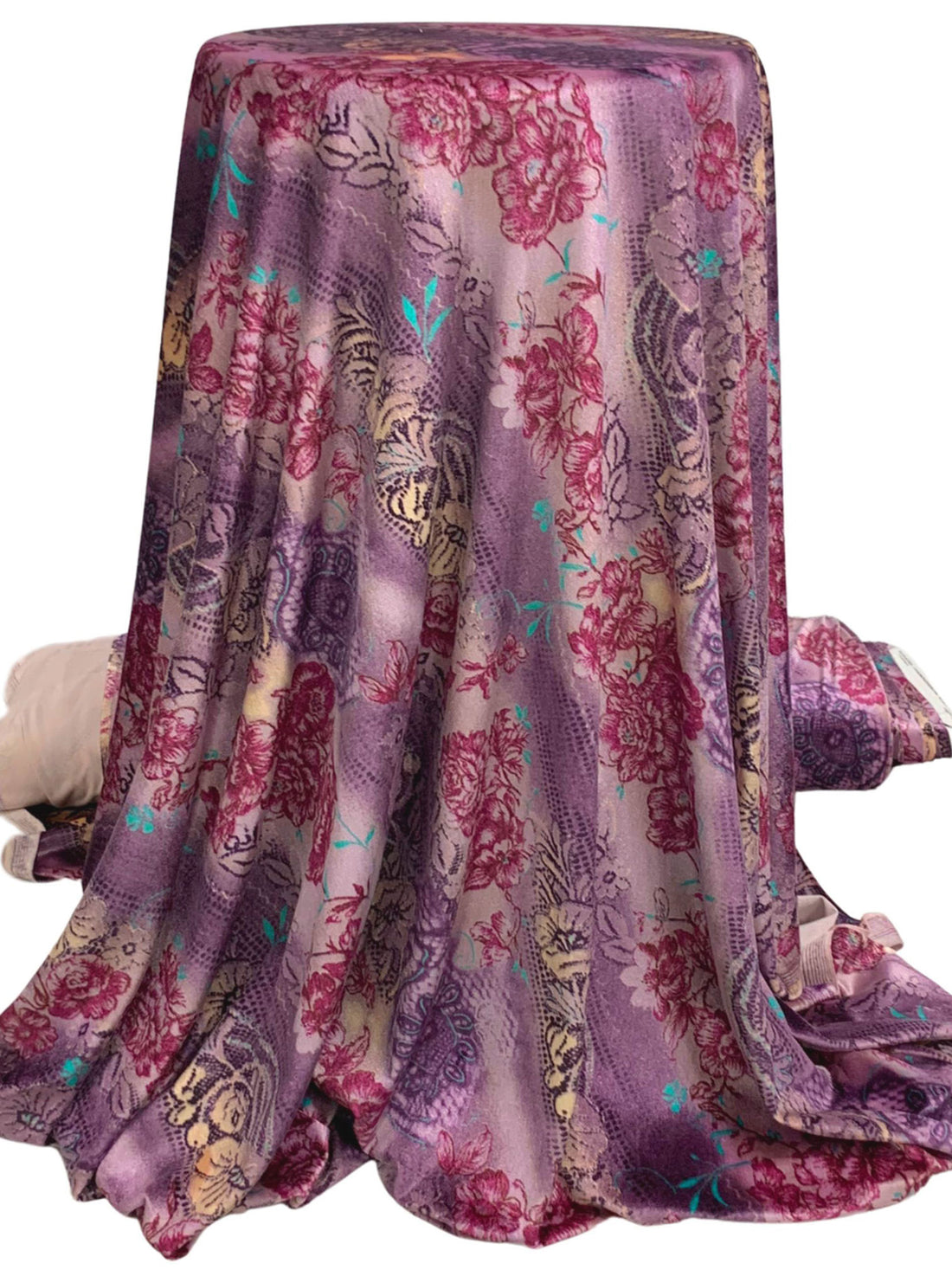 Dark Byzantium/Rosy Pink/Claret/Multi Polyester/Lycra Diagonal Floral Design Stretch Velvet Knit 58W