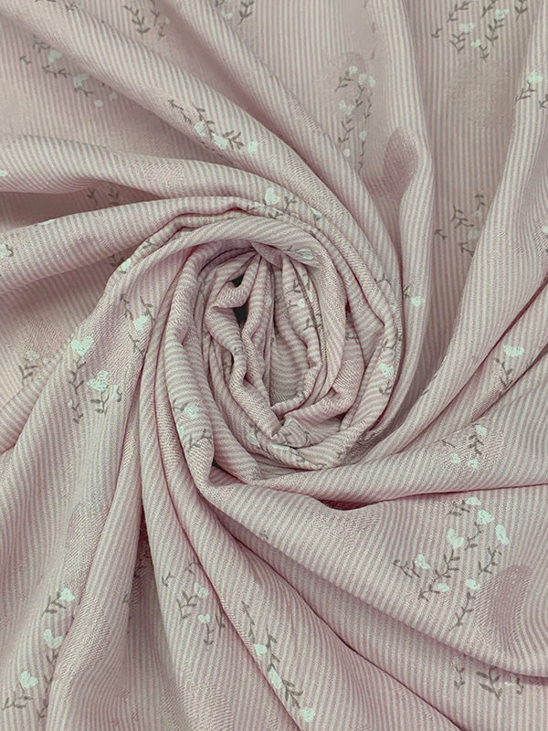 Petal Pink/Dusty Gray/White 100% Rayon Floral Branches Print On Vertical Stripe Voile - Imported From Spain - 54W