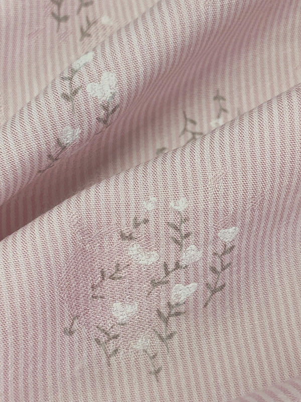 Petal Pink/Dusty Gray/White 100% Rayon Floral Branches Print On Vertical Stripe Voile - Imported From Spain - 54W