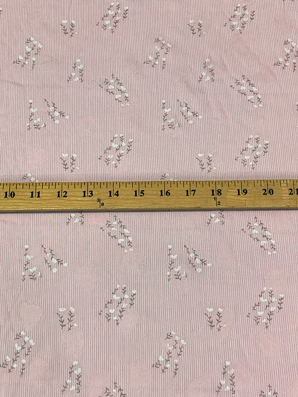 Petal Pink/Dusty Gray/White 100% Rayon Floral Branches Print On Vertical Stripe Voile - Imported From Spain - 54W