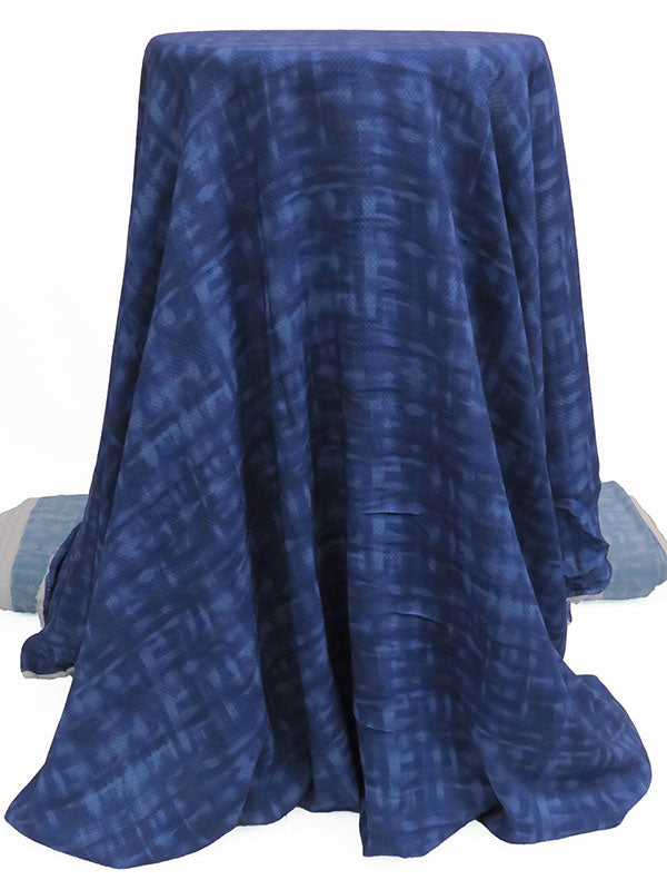 Oxford Blue/Cerulean 100% Rayon Distressed Plaid Print Dot Weave Voile - NY Designer - 56W