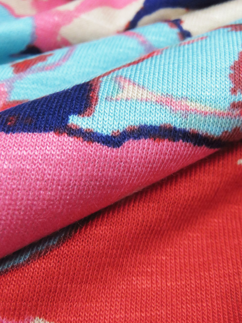 Bright Sky Blue/Fire Engine Red/Dark Blueberry/Multi Rayon/Lycra Abstract Marbled Print Jersey Knit 58W