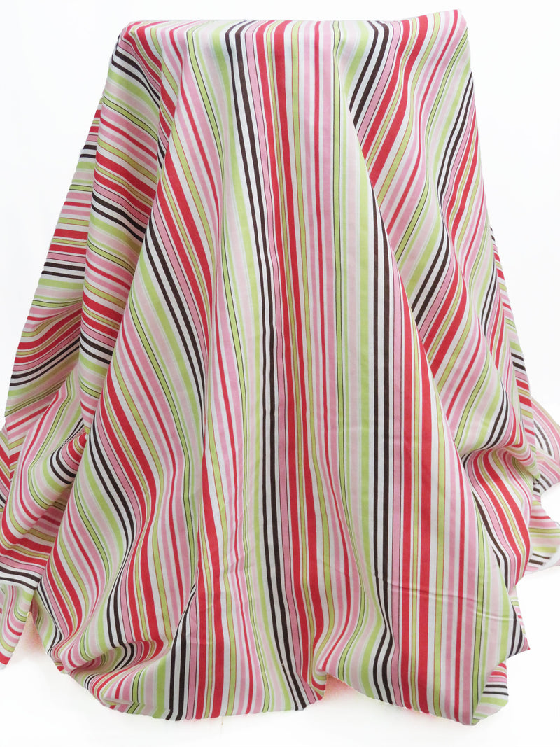 Bright Strawberry Red/Avocado/Hot Fudge/Multi 100% Cotton Vertical Stripe Print Voile 55W