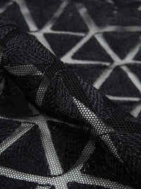 Black 100% Nylon Embroidered Diamond Stripe Design Netting - NY Designer - 52W