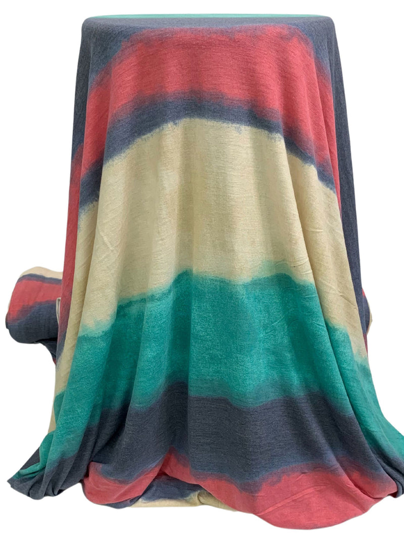 Cool Pine/Light Sand/Light Coral Polyester/Rayon/Lycra Large Horizontal Hazy Stripe Print Jersey Knit 58W