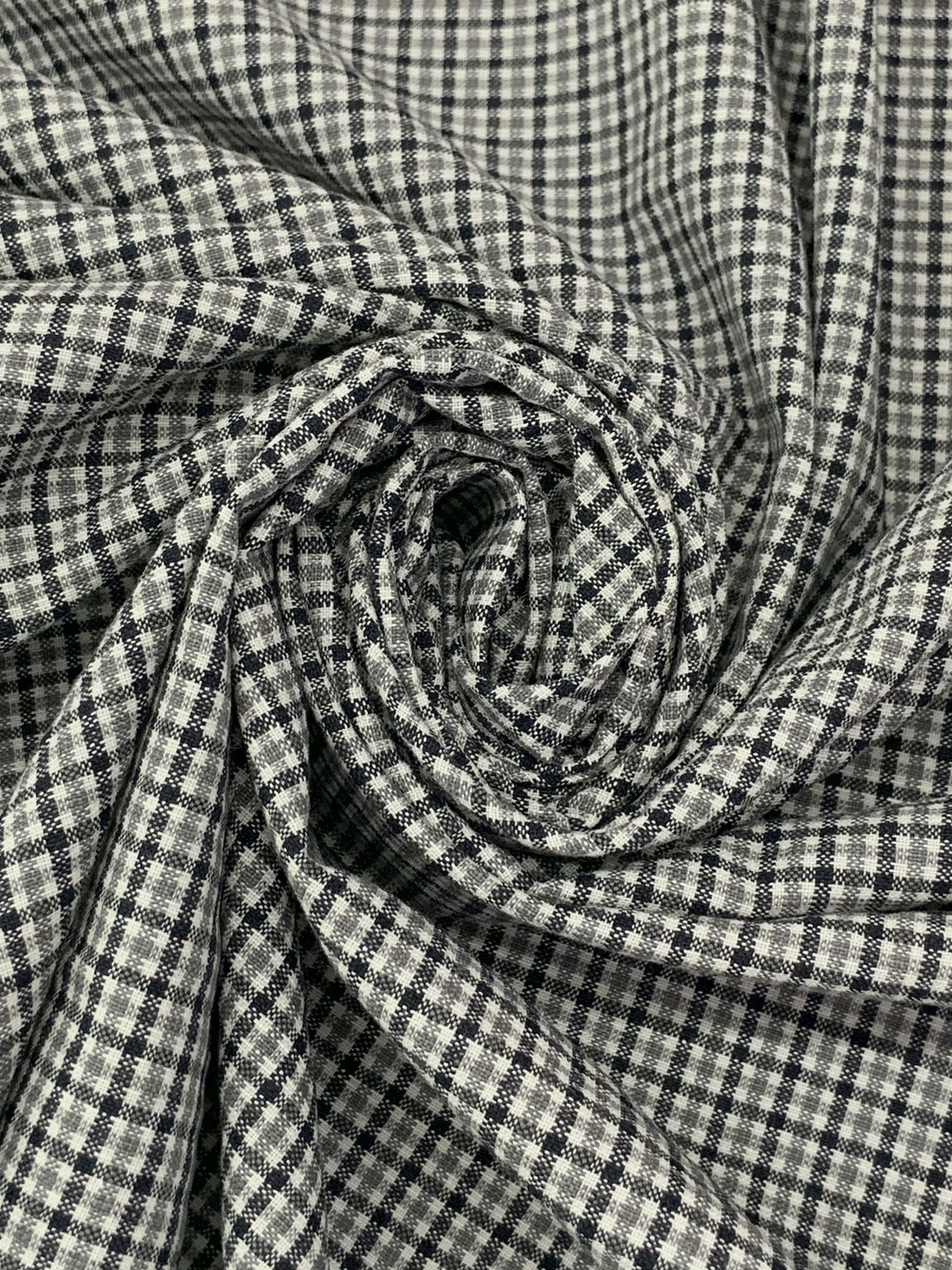 Midnight Ocean Blue/Stone Gray/White Cotton/Polyester/Wool Puckered Plaid Check Suiting 59W