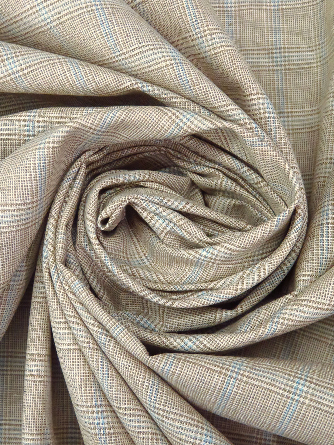 Dark Tan/Cream/Pale Cerulean 100% Cotton Glen Plaid Weave Suiting 58W