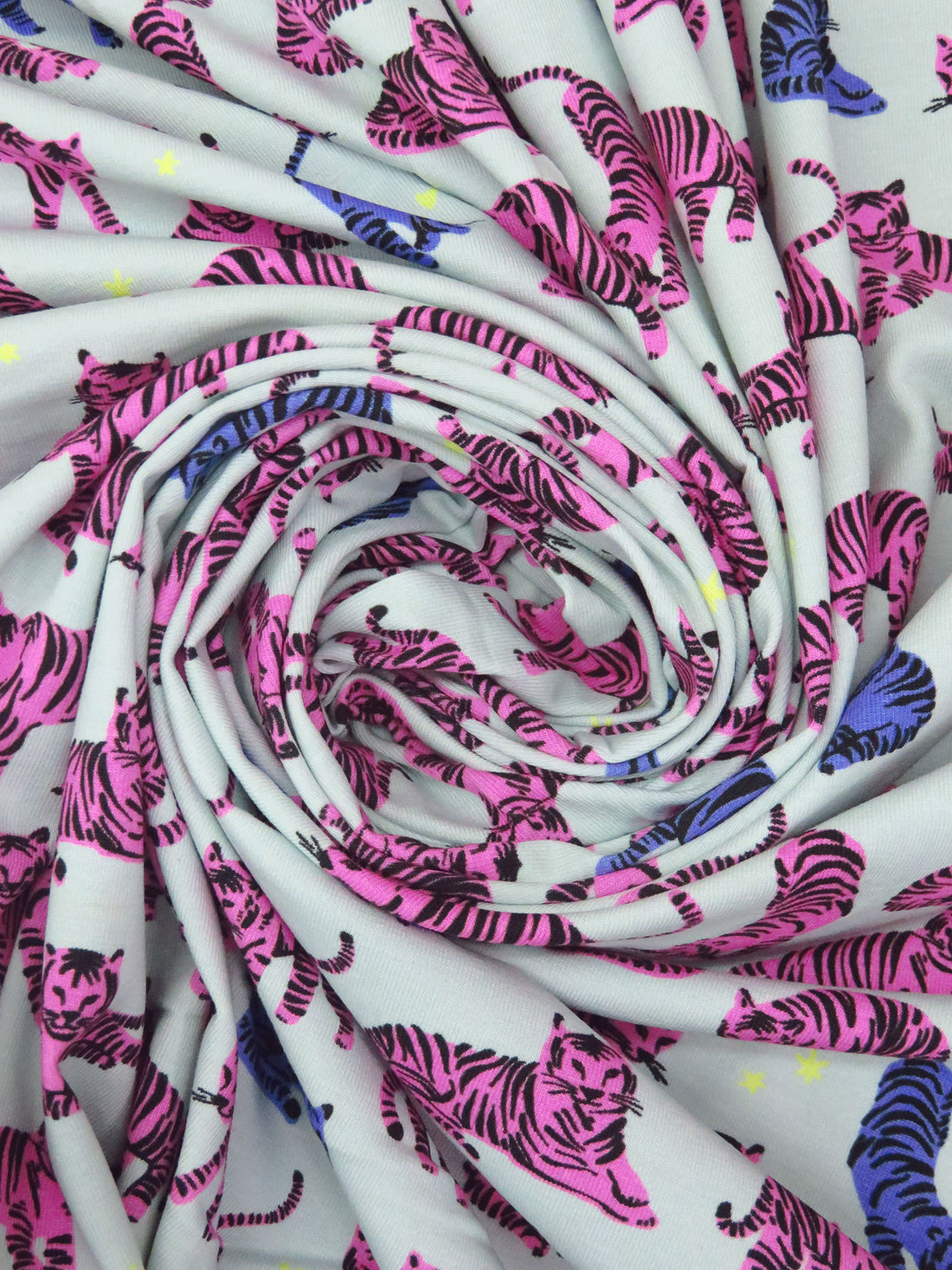 Italian Ice/Pale Magenta/Black/Multi Cotton/Lycra Playful Tiger Print Jersey Knit - Robert Kaufman - 56W