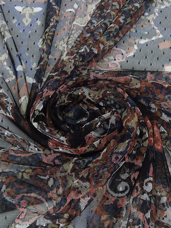 Black/Burnt Sedona/Sapphire/Multi 100% Nylon Ornate Ogee Print Point d'Esprit Netting  62W