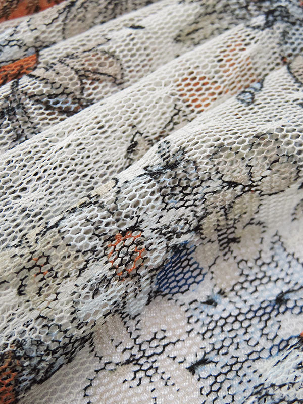 Smoked White/Dark Pumpkin Spice/Pale Powder Blue/Multi 100% Nylon Floral Print Point d'Esprit Netting  54W