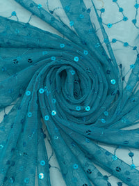Caribbean Blue 100% Nylon Embroidered Meandering Sequins On Netting - Famous Dress Designer - 56W