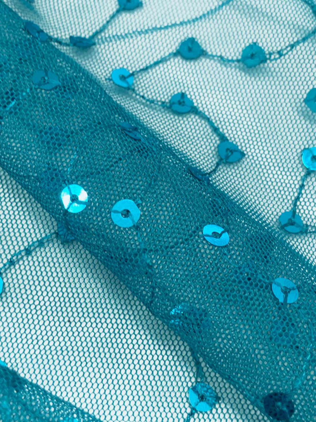 Caribbean Blue 100% Nylon Embroidered Meandering Sequins On Netting - Famous Dress Designer - 56W