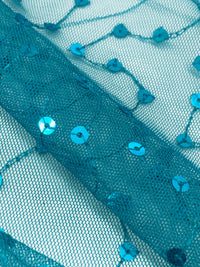 Caribbean Blue 100% Nylon Embroidered Meandering Sequins On Netting - Famous Dress Designer - 56W