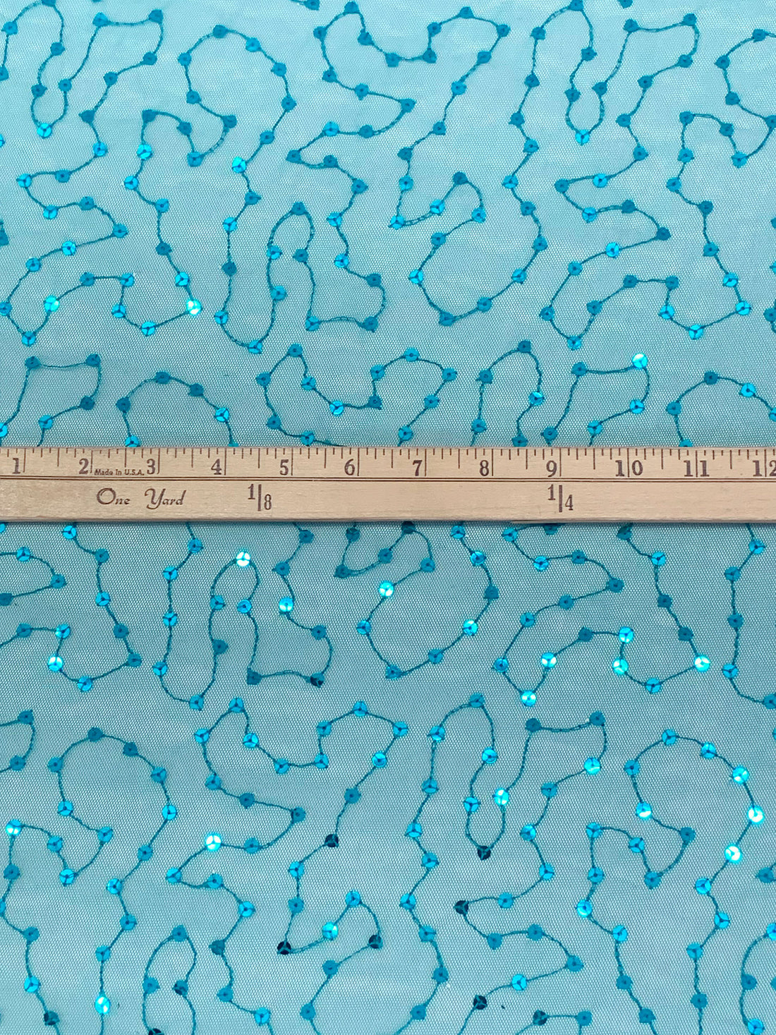 Caribbean Blue 100% Nylon Embroidered Meandering Sequins On Netting - Famous Dress Designer - 56W