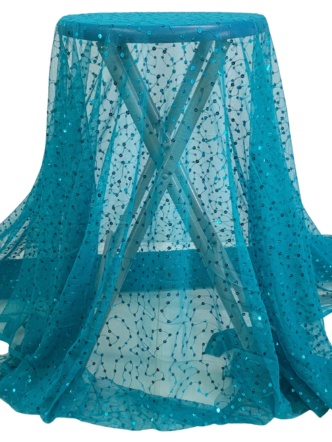 Caribbean Blue 100% Nylon Embroidered Meandering Sequins On Netting - Famous Dress Designer - 56W