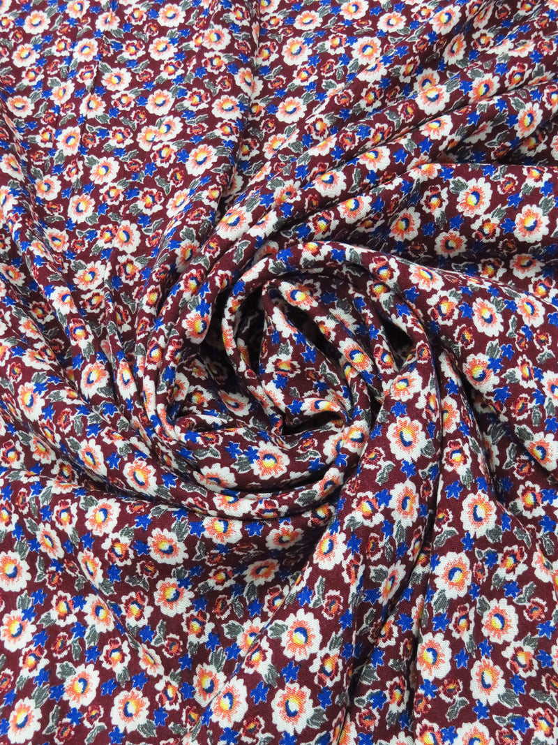 Burgundy/Bright Begonia Pink/Dark Azure Blue/Multi 100% Rayon Floral Print Crinkle Challis 56W