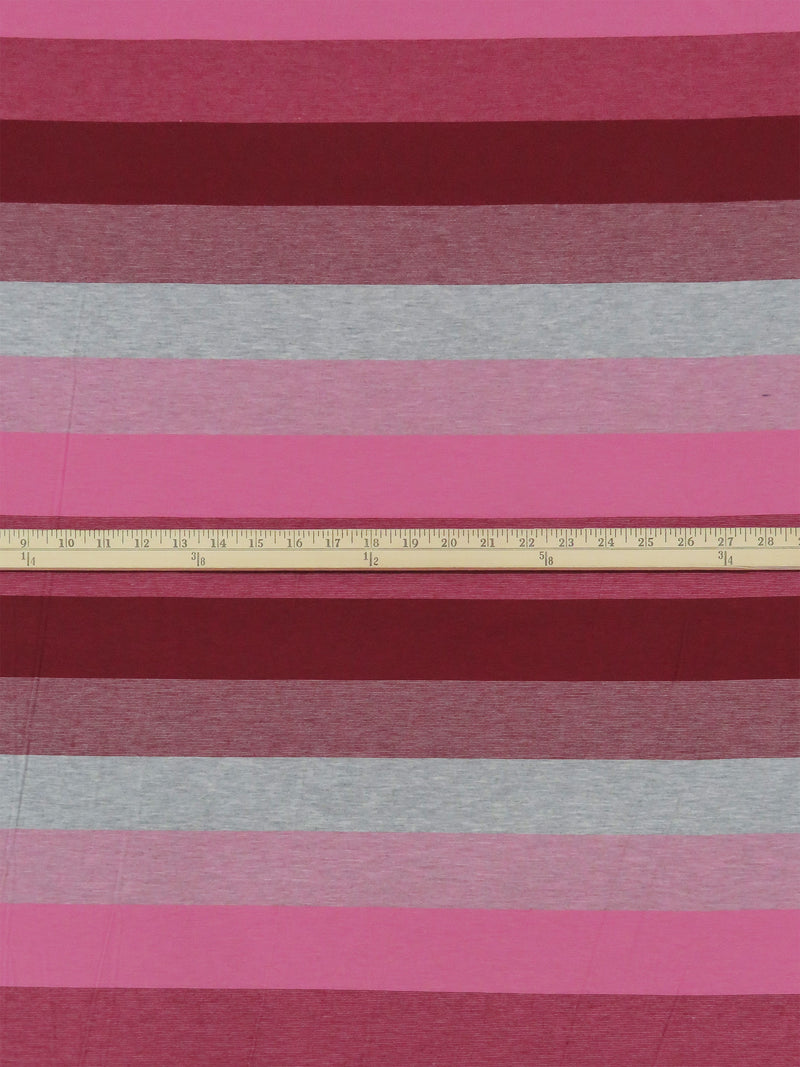 Carnation Pink/Heathered Stone Gray/Cabernet Rayon/Polyester/Lycra Horizontal Stripe Jersey Knit 60W