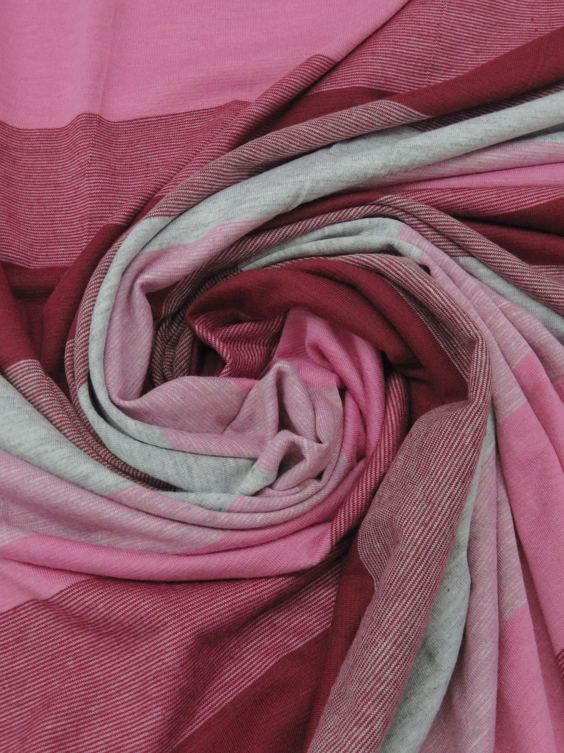 Carnation Pink/Heathered Stone Gray/Cabernet Rayon/Polyester/Lycra Horizontal Stripe Jersey Knit 60W